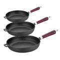 Set 3 tigai de fonta cu maner de lemn