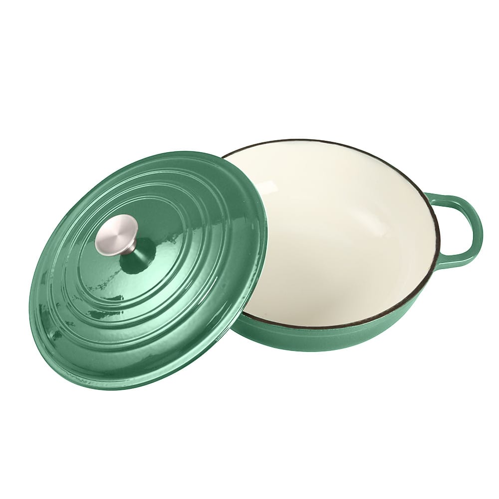 Set 3 Piese Gătit din Fontă Emailată – Verde Smarald (Tigaie 30 cm + Oală 6 L + Cratiță cu Capac 5 L)