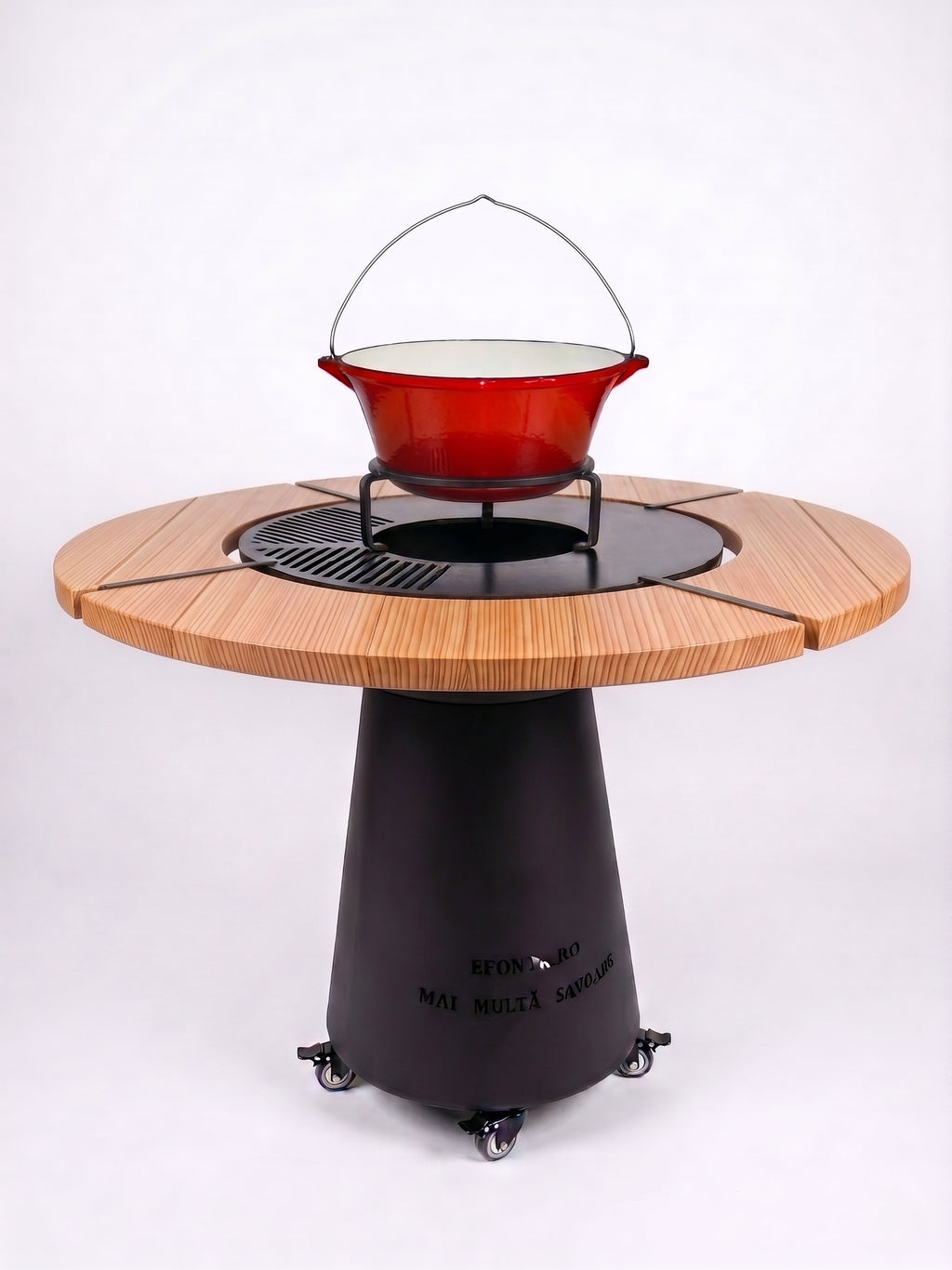Gratar rotund Vatra Apusenilor 75 cm cu blat de Douglas + CADOU CEAUN FONTA EMAILAT 16 L