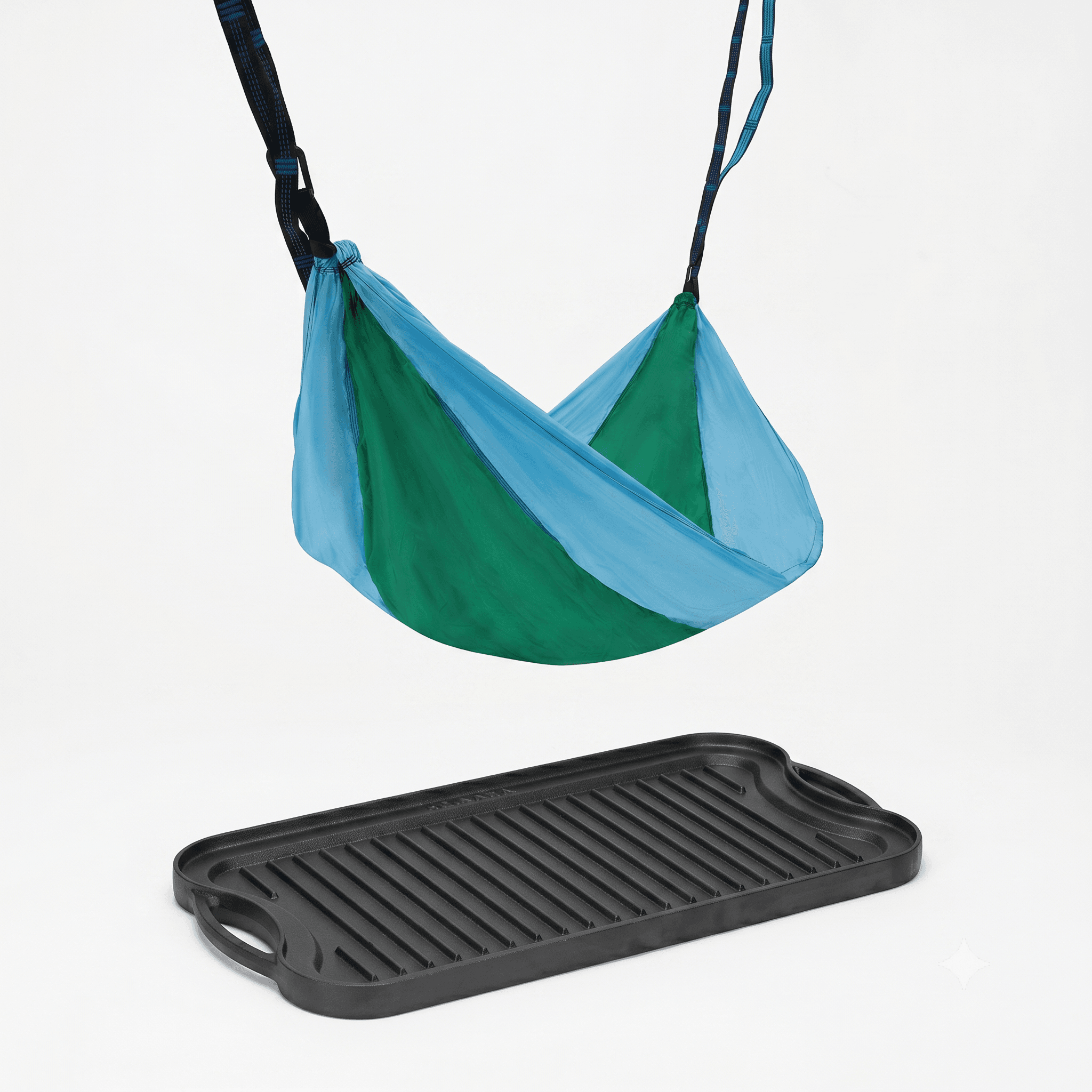 Pachet Outdoor Tavă Grill Reversibilă din Fontă 51cm + Hamac Camping Bicolor