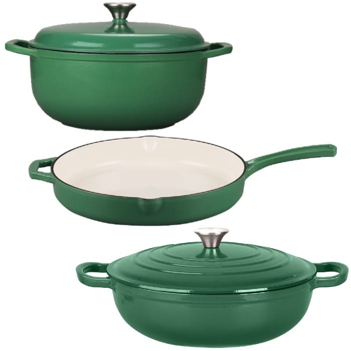 Set 3 Piese Gătit din Fontă Emailată – Verde Smarald (Tigaie 30 cm + Oală 6 L + Cratiță cu Capac 5 L)