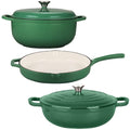 Set 3 Piese Gătit din Fontă Emailată – Verde Smarald (Tigaie 30 cm + Oală 6 L + Cratiță cu Capac 5 L)