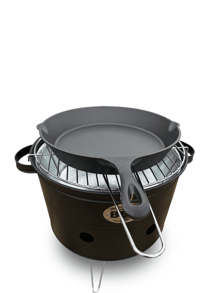 Grătar Portabil Compact Ø33cm + Tigaie din Fontă cu Ciocuri Laterale (26cm)