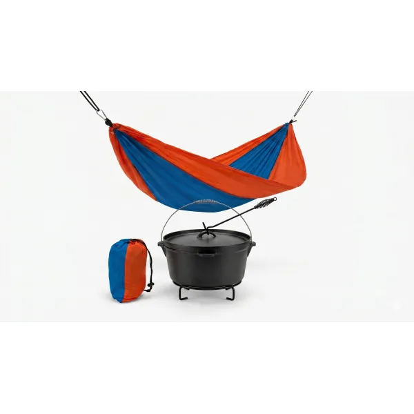 Set Camping Premium Ceaun Fontă 8L Tip Dutch Oven + Hamac de Relaxare Bicolor