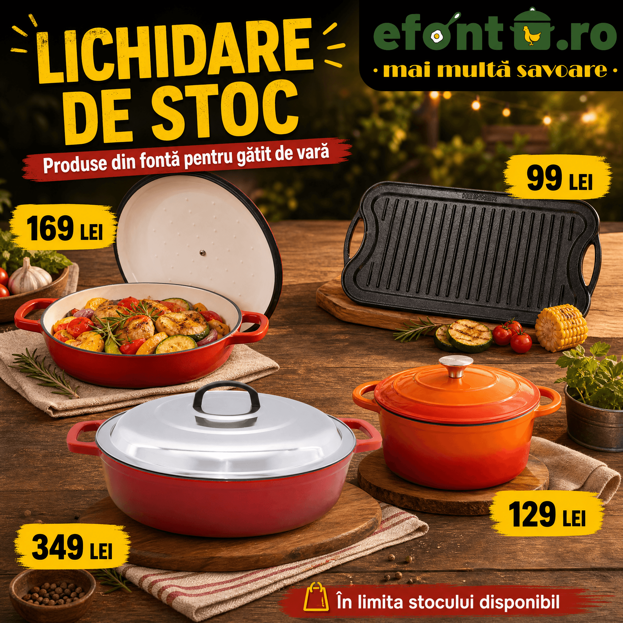 Banner promoțional efonta.ro pentru lichidare de stoc, cu produse din fontă pentru gătit de vară: oale, vase și plită grill, afișate pe o masă rustică, alături de prețuri speciale și mesajul „În limita stocului disponibil”.