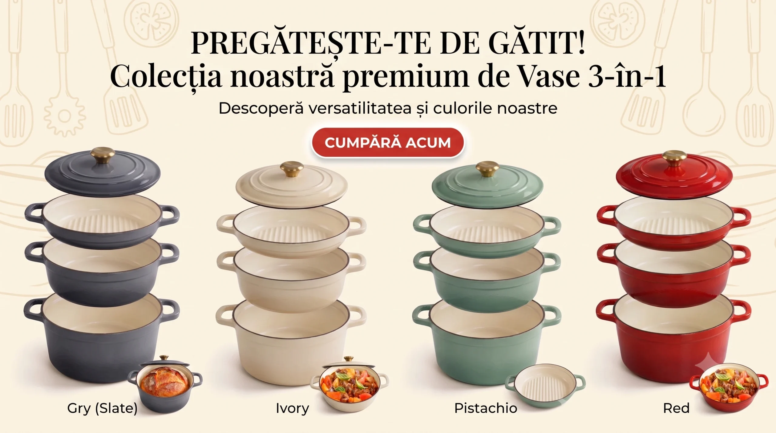 Colecție premium de vase din fontă emailată 3-în-1, disponibile în culorile gri, ivory, pistachio și roșu.